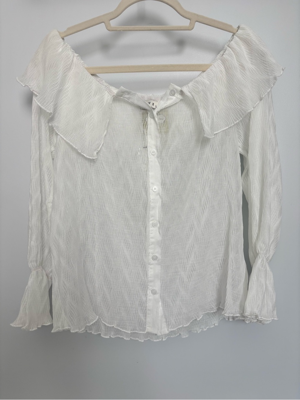 SAS Off-Shoulder White Ruffle Button-Down Blouse